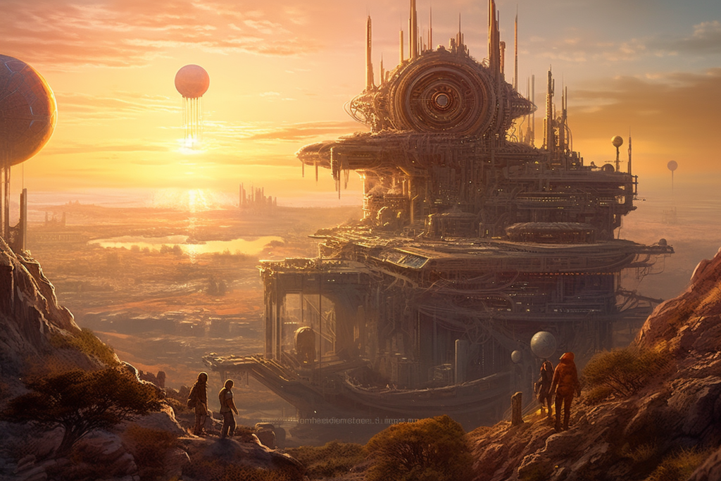 The image depicts a futuristic vista bathed in a warm, golden light. In the foreground, rocky terrain and sparse vegetation lead to a grandiose, multi-tiered structure that towers over the landscape. This colossal edifice bristles with intricate detail, spires, and antennae, suggesting a blend of advanced technology and baroque architecture. Spherical objects and airships float in the sky, casting shadows over the ground below. In the distance, the sun casts its glow over a reflective body of water, hinting at a vast, yet desolate world. Silhouetted figures are seen approaching the structure, giving a sense of scale and life amidst the sprawling, mechanical complexity of this otherworldly scene.