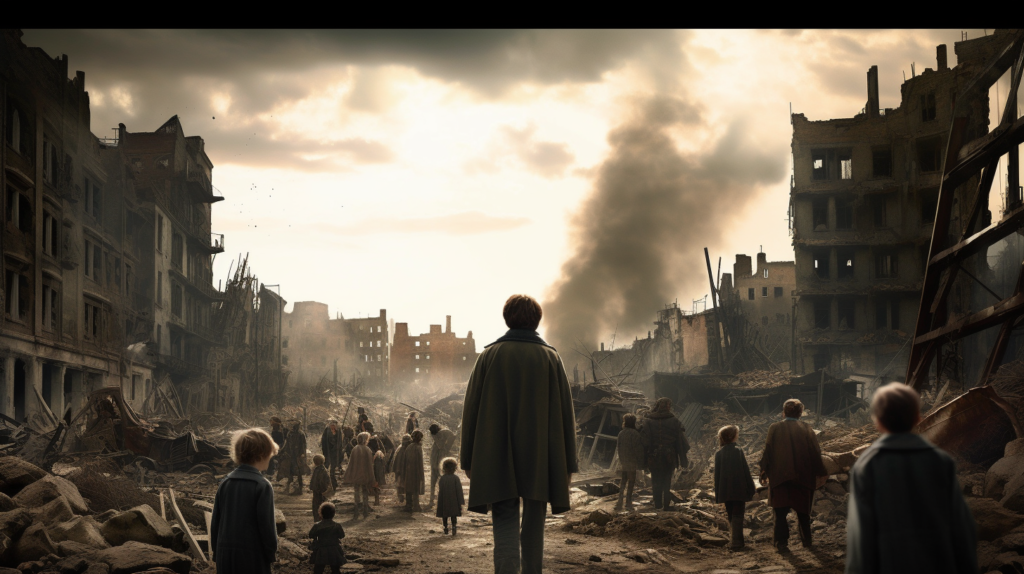 A scene depicting a group of people, including children, walking through a war-torn urban landscape. They are surrounded by the ruins of buildings, with rubble and debris littering the streets. A plume of smoke rises in the background under a muted sky, suggesting recent conflict or disaster. The mood is solemn and the sense of desolation palpable, capturing a moment of survival and uncertainty in a devastated world.