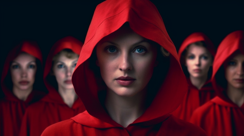 The image features a group of women dressed in striking red cloaks with oversized hoods that partly obscure their faces, standing against a dark background. The central figure is sharply in focus, directly engaging the viewer with a strong, enigmatic gaze. Her hood frames her face, highlighting her porcelain skin, bright eyes, and a hint of a determined expression. The women in the background, slightly out of focus, provide a sense of depth and uniformity. This composition, with its vibrant reds and contrasting darkness, evokes a sense of unity, mystery, and perhaps foreboding, resonant with themes of identity and oppression.