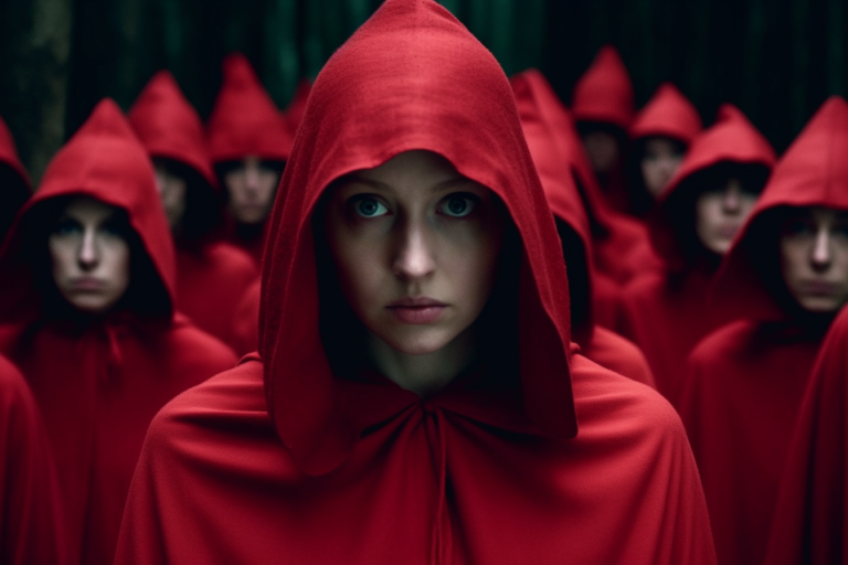 The image features a group of women standing in a dense forest, all wearing identical bright red cloaks with oversized hoods that partially obscure their faces. The central figure is prominently in focus, with her face partially visible and a particularly intense gaze that directly meets the viewer. The red of the cloaks stands out starkly against the dark greens and browns of the forest background. The atmosphere is somber and the setting is eerily quiet, evoking a sense of foreboding and uniformity. The uniformity of their attire and the conformity in their stance suggest a collective identity or purpose, while the natural setting hints at isolation from the outside world.