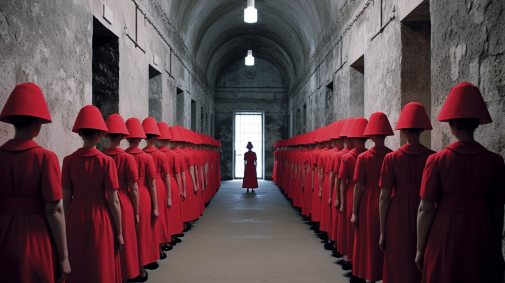 The image evokes a powerful atmosphere of control and subjugation, a theme central to "The Handmaid's Tale". Rows of Handmaids in uniform red attire stand aligned in a stark, oppressive hallway, their faces obscured by white bonnets, a symbol of the identity they have been stripped of. The architecture itself is cold and imposing, with high walls and a narrow passage leading to a single figure in red, possibly a superior or an enforcer, standing at the end under a harsh light. This image is a stark representation of a society where surveillance and fear are interwoven into the very fabric of life, creating a culture of conformity and silence. The setting suggests a place of indoctrination or punishment, where the Handmaids learn the hard cost of deviance. It's a chilling visualization of power wielded through meticulous monitoring, where even the slightest dissent is noticed and crushed, leaving a haunting silence in its wake.