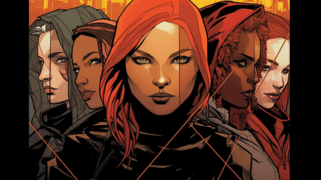 A stylized graphic illustration showcasing a collage of five determined female faces, overlaid with geometric lines that suggest both connection and division. The central figure has striking red hair and a resolute gaze. The background fades into a warm cityscape, indicating an urban setting. The artwork conveys a sense of unity and strength among the diverse characters, with each face uniquely expressing resilience and determination.