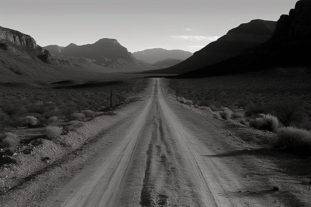 This black and white image portrays a desolate, open landscape with a long, straight dirt road stretching toward the horizon, flanked by dark, expansive, and rugged terrain. The mountains in the distance create a stark, contrasting backdrop against the vast open sky, while the road symbolizes a journey or passage through a harsh, unforgiving environment. The absence of color emphasizes the bleakness and possibly the post-apocalyptic or survivalist nature of the scene, reminiscent of the settings often found in Cormac McCarthy's novel "The Road," where the themes of survival and the American ethos are prevalent.