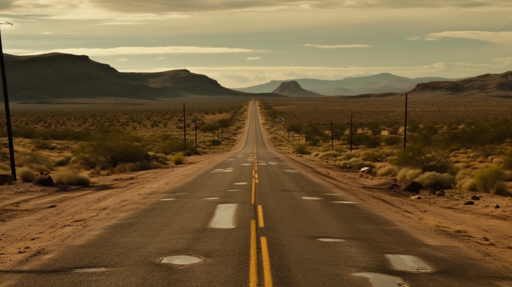 This image presents a desolate yet serene landscape, capturing a long, straight road cutting through a barren desert. Sparse vegetation and occasional power lines accompany the roadside, as the road stretches towards a mountainous horizon under a clouded sky. The scene's mood is one of quiet isolation, hinting at a journey through a vast, untouched wilderness. It's a powerful visual metaphor for solitude and the passage through life's uncharted territories.