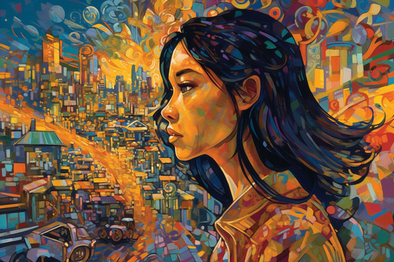 The image is a vibrant, color-saturated illustration of a young woman in profile, with the backdrop of a bustling, futuristic city. Her hair flows behind her in dark waves, adorned with streaks of blue, suggesting movement and vitality. The cityscape is rendered in a mosaic of warm colors, evoking the heat of a dense urban environment. There are hints of advanced technology intermingled with more traditional structures, suggesting a fusion of old and new. Spirals, geometric shapes, and swirling patterns in the sky hint at dynamic energy and possibly the environmental themes present in Paolo Bacigalupi's "The Windup Girl," which explores a future Thailand with biotechnology and rising sea levels. The woman's contemplative expression, directed towards the city, captures a moment of introspection amid the complexity of her surroundings, embodying the novel's themes of survival and ethics in a changing world.