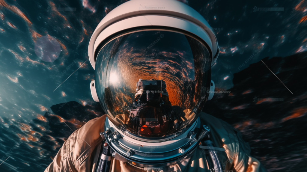 The image captures a dramatic and personal view from an astronaut’s perspective, featuring a reflective visor that showcases a breathtaking tableau of space. Swirls of orange, red, and yellow nebulae reflect off the helmet, surrounded by the deep, star-studded blackness of the cosmos. The astronaut's camera equipment is visible, mounted on the suit, highlighting the blend of human exploration and advanced technology. Rocks and celestial bodies float in the background, adding to the sense of serene isolation in the vastness of space. This imagery encapsulates the awe-inspiring experience of space travel and the profound solitude of the universe.