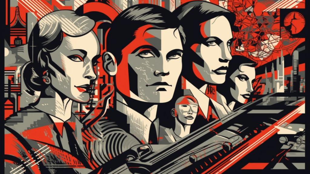 A striking, stylized illustration featuring a series of profiled faces in bold red, black, and white, depicting both male and female figures against a futuristic cityscape. The central figure, a woman with red accents in her hair and lips, is prominent, flanked by other characters who blend into the complex urban background. Geometric patterns and a sense of dynamism are conveyed through angular lines and technological motifs, suggesting a narrative set in a visionary, dystopian society