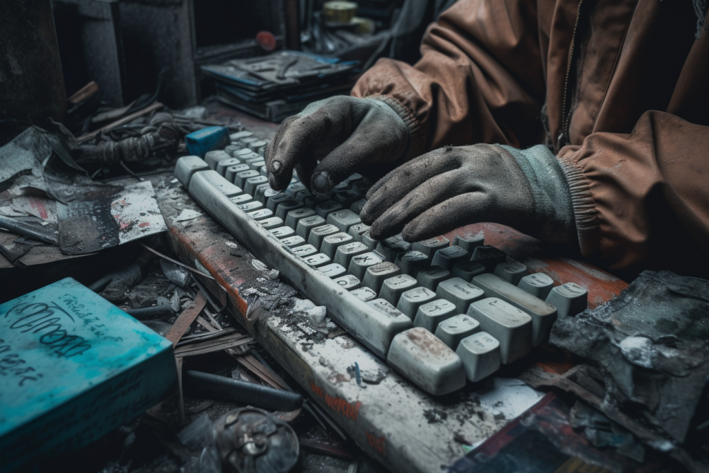 A person's hands, covered in dirt and wearing torn gloves, type on a grimy, dust-covered keyboard amidst a cluttered, debris-strewn desk, conveying a sense of urgency or survival in a challenging post-apocalyptic setting.