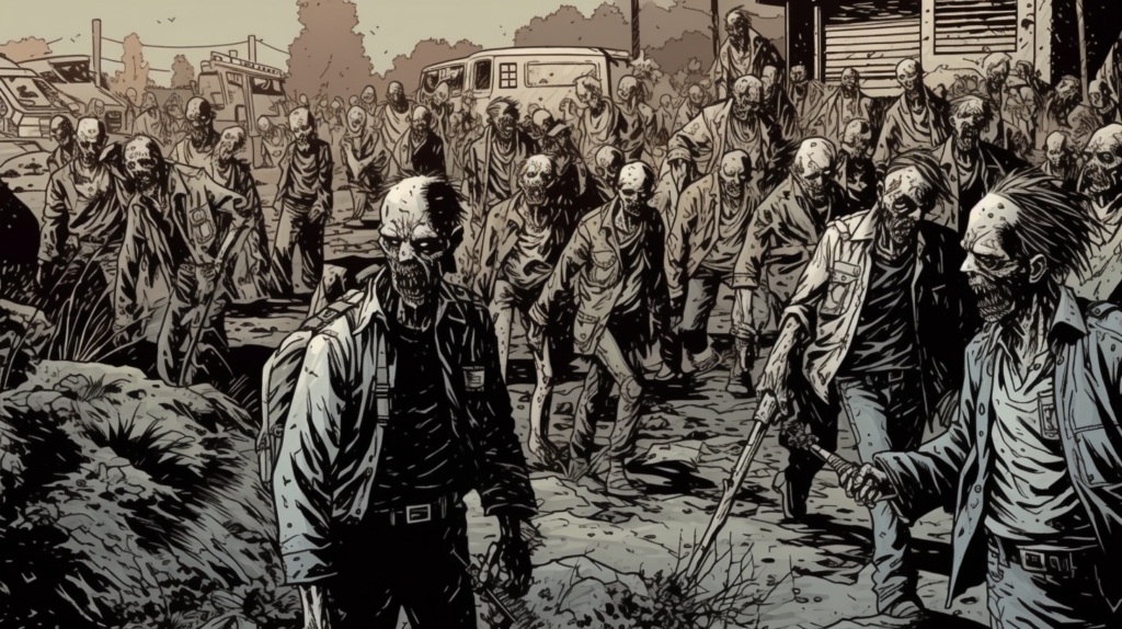 A graphic illustration from Robert Kirkman's 'The Walking Dead' showcasing a horde of zombies advancing in a decaying urban setting. The undead are depicted in various stages of decomposition, wearing tattered clothing, and exhibiting characteristic gory features such as exposed bones and gaping wounds. In the foreground, a close-up of a zombie with visible facial decay emphasizes the horror element. Abandoned vehicles and dilapidated buildings form the background, reinforcing the post-apocalyptic theme.
