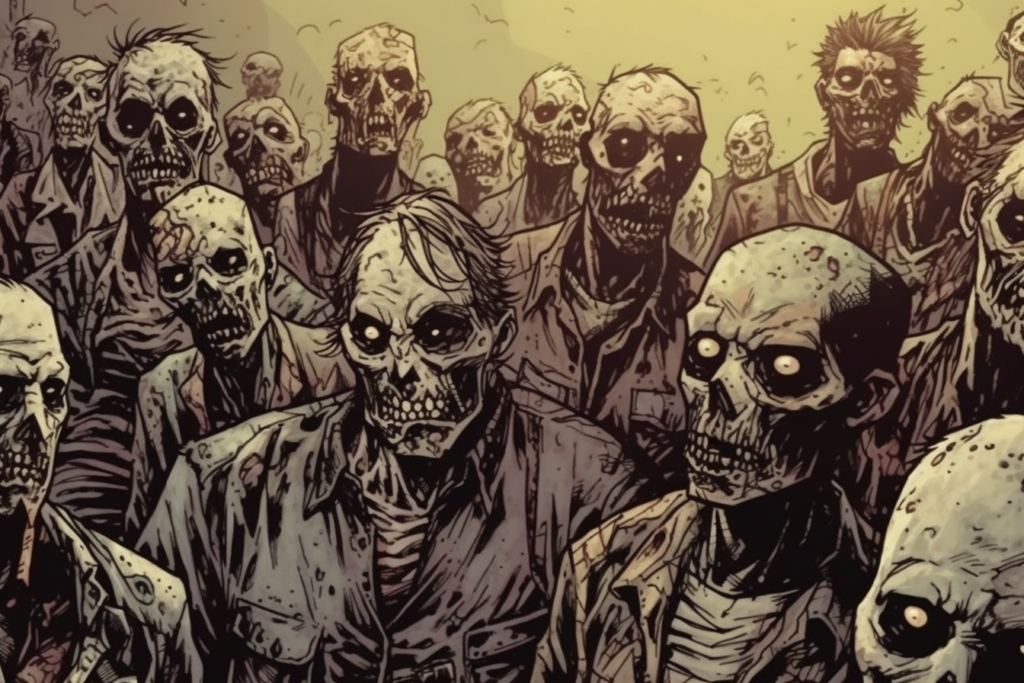 Illustration from 'The Walking Dead' by Robert Kirkman showing a closely packed crowd of zombies. Each figure has detailed and varied features of decay, with sunken eyes, exposed teeth, and tattered clothes, highlighted with a blend of yellow and brown tones, giving a sepia-like effect. The zombies are densely clustered, filling the frame, and evoke an atmosphere of relentless horror.