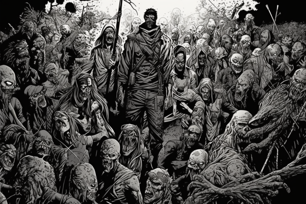 A graphic illustration from 'The Walking Dead' by Robert Kirkman depicting a horde of zombies. In the foreground, a central figure stands confidently amidst the undead, seemingly unafraid. The zombies appear decayed and grotesque, with varied expressions of hunger and rage. The setting is bleak and ominous, conveying a sense of danger and the grim reality of a zombie-infested world.