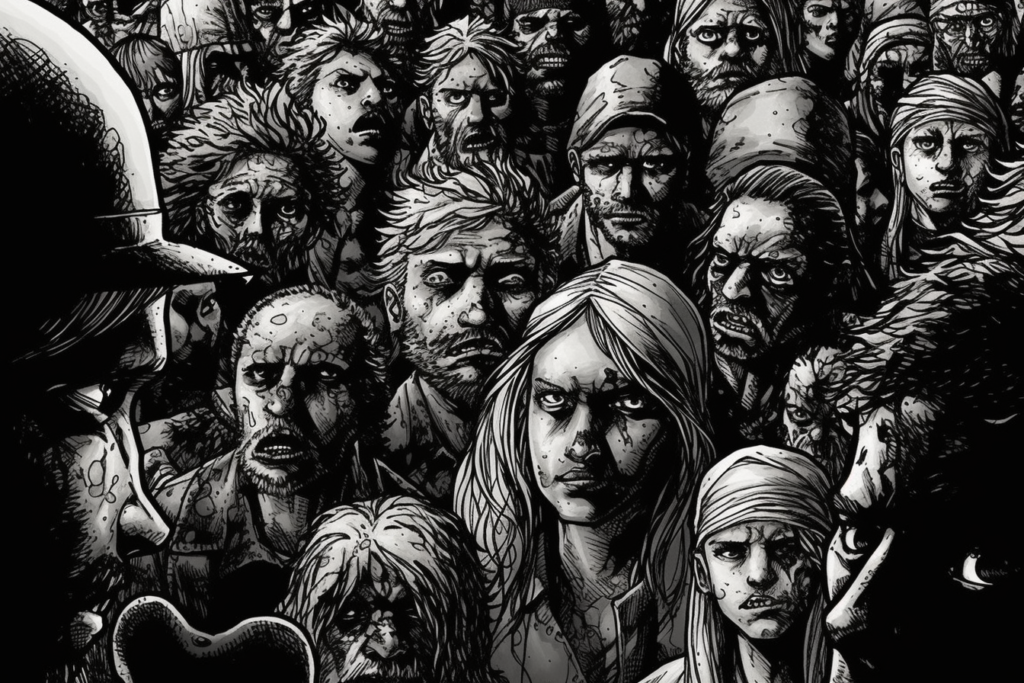 A monochrome illustration depicting a dense crowd of zombies from a perspective that feels up-close and personal. The zombies are drawn in detailed inking, showing a variety of expressions from rage to despair. Their disheveled and torn clothing, along with disfigured features, evoke a sense of chaos and decay reminiscent of scenes from 'The Walking Dead'. One figure in the foreground, possibly a leader, gazes directly out, breaking the fourth wall with a chilling stare.