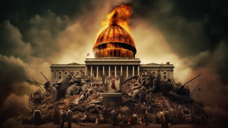 The image presents a powerful and somber scenario, depicting the Capitol building engulfed in flames, a universal symbol of governance and authority in distress. The foreground is filled with a mound of debris and figures that seem to represent the casualties of a great conflict or disaster. This artwork may be interpreted as a critical commentary on the fragility of political institutions and the responsibilities of government in times of crisis. It illustrates the chaos that ensues when those in power fail to protect and serve their people, resulting in social collapse and despair. The lone figure standing in contrast to the ruin may symbolize the enduring spirit of leadership or the hope for a new order rising from the ashes of the old. The artwork serves as a stark reminder of the need for effective and compassionate governance, especially during catastrophic events.