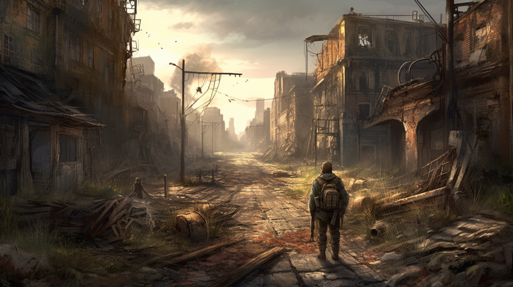 In this image, we see a lone figure standing amidst the ruins of a once-bustling city. The remnants of buildings and infrastructure crumble around them, overtaken by nature's relentless advance. This desolate scene is a poignant depiction of a post-apocalyptic world where the vestiges of a previous civilization are a canvas for the new world's harsh realities. The solitary individual may represent the leadership required to navigate and rebuild in this challenging environment, where the role of power is not about dominion but about guiding survivors towards a semblance of community and hope amidst the ruins. The image is silent yet speaks volumes about resilience, survival, and the indomitable human spirit.