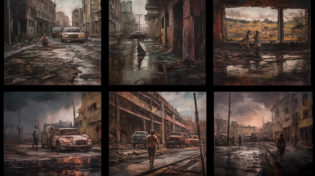 The image is a compelling montage of post-apocalyptic scenes, each portraying a grim reflection of societal fears and a glimmer of hope amidst desolation. The top left panel shows a solitary figure sitting amidst the ruins of a dilapidated street, a scene of abandonment and decay. Next to it, a person wades through water-filled streets, a representation of resilience in a world reclaimed by nature. The top right showcases two individuals journeying together through a broken building, a symbol of companionship in isolation.

The bottom left panel depicts a lone figure walking toward a vehicle in a street shrouded by the fog of desolation, highlighting a journey of survival. The center panel captures a solitary wanderer amidst the wreckage of abandoned cars, a poignant reminder of a world that once was. Finally, the bottom right panel depicts a group of survivors traversing a barren urban landscape under a heavy sky, signifying the collective endeavor to persist in a world reshaped by catastrophe. The collection powerfully encapsulates the resilience of the human spirit in the face of overwhelming destruction.