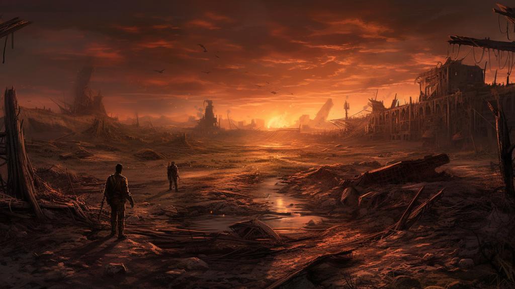 A haunting landscape of a world ravaged by destruction at sunset. The ruins of buildings stand against a sky streaked with orange and red, while silhouettes of people and birds traverse the barren land. The remnants of civilization are scattered throughout, with collapsed structures and debris under the glow of a dying light, conveying a post-apocalyptic scene of desolation and survival.