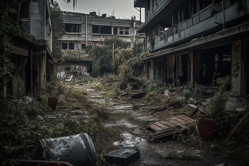 The image portrays a scene of desolation and abandonment, reminiscent of a post-biological disaster environment. Nature has begun to reclaim the space with overgrowth and debris scattered throughout. The architecture suggests that this was once a residential or commercial area, now left to decay. The absence of human presence and the encroachment of the natural world create a poignant commentary on the impermanence of human constructs in the face of nature's relentless advance. This type of imagery could serve as a powerful visual for storytelling, conveying themes of loss, the passage of time, and the resilience of nature. It might also be used in media discussing the long-term impacts of ecological disasters on human habitats.