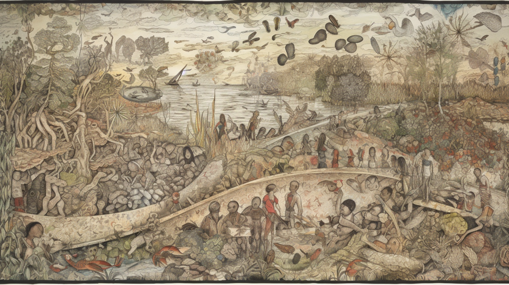 Intricate artwork depicting a scene brimming with various forms of life and activity. It's a tapestry of both the natural world and human interaction, showcasing a range of biodiversity and social dynamics. The drawing style is reminiscent of classic illustrations with a modern touch, containing elements that seem to tell a story or represent different aspects of life and environment.

The multitude of details and the variety of elements within the scene could symbolize the interconnectedness of ecosystems and the impact of human presence on them. The artwork could be interpreted as a representation of life's complexity, the fragility of ecological balance, or the richness of biodiversity. It invites the viewer to ponder the relationship between humans and nature, potentially echoing themes related to biological diversity and its importance to our world.