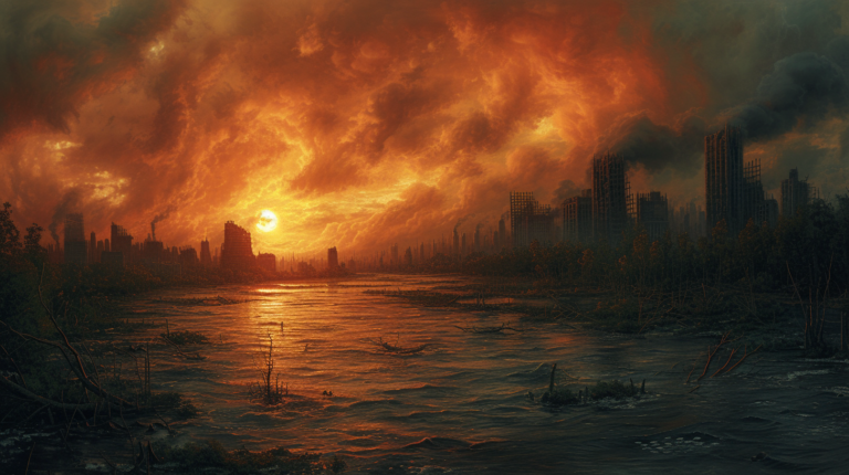 The image depicts a stunning yet haunting landscape of a city during sunset or possibly amidst a firestorm. The sky is a dramatic and intense mixture of oranges and reds, suggesting a tumultuous atmosphere. Below the fiery sky, a vast river or floodplain extends towards the horizon, reflecting the vivid colors above. Dilapidated buildings and skeletal structures line the river, giving the impression of a once-thriving city now in ruins. The overall mood is apocalyptic, hinting at a world affected by significant catastrophe, possibly biological disasters, as the title suggests. This image could serve as powerful artwork for a story or a media piece focused on themes of destruction, survival, and the resilience of nature reclaiming urban spaces.