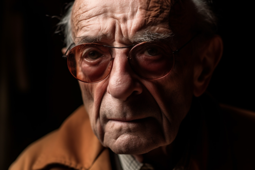 Close-up portrait of an elderly man wearing round, tinted glasses. The image is rich with detail, showing the textures of his skin and the depth in his expression. His gaze seems introspective and carries a certain gravity, which might reflect on the themes of insight, perception, and the human condition explored in José Saramago's novel "Blindness." The novel deals with the fragility of society and the human psyche under stress, as well as the profound effects of losing one's sight on both individual and communal levels. This haunting image captures the essence of contemplation and the weight of unseen struggles, aligning with the novel's exploration of blindness as both a physical and metaphorical phenomenon.