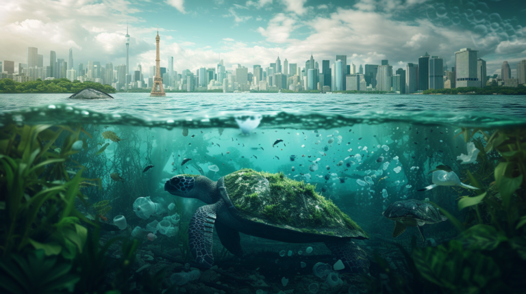 This powerful image vividly illustrates contemporary environmental concerns, merging the beauty of nature with the harsh reality of pollution. Above the waterline, we see a modern city skyline, a symbol of human progress and architectural prowess. Below the surface, however, the scene shifts to a somber reminder of the cost of this progress. Sea turtles, often considered ancient mariners of the oceans, swim amidst a sea of plastic waste, their natural habitat transformed into a dumping ground for human refuse. The stark contrast between the two halves of this image encapsulates the urgent call for environmental stewardship. It serves as a profound visual commentary on the impact of pollution on marine life and the urgent need to address these issues to preserve the delicate balance of our ecosystems. This image could serve as an evocative call to action, urging us to confront our habits and their environmental repercussions before the beauty of the natural world is irreversibly lost beneath a tide of human-made waste.