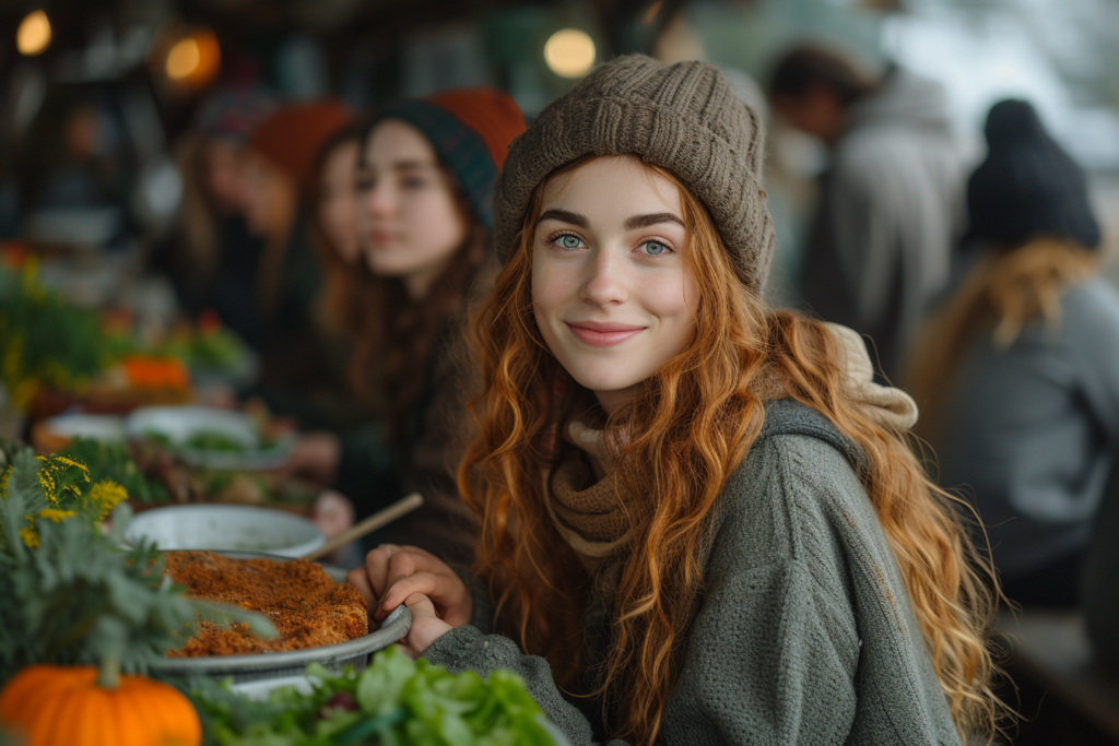 The uploaded image is a heartwarming portrait of a young woman at what appears to be a community gathering or event, possibly a communal meal. She is holding a plate of food and is smiling directly at the camera, creating a sense of connection with the viewer. Her warm clothing and the beanie suggest it might be a cool day. The blurred background with other individuals suggests a social or communal context, emphasizing the theme of community and shared experiences. The overall ambiance of the image exudes a sense of togetherness, warmth, and the importance of supportive communities.