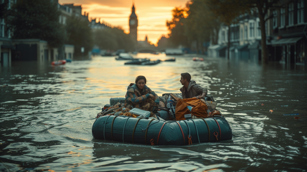 The image is a deeply human portrayal of survival in the face of disaster. It captures a moment of tranquility against a backdrop of chaos, where two individuals have found refuge on a makeshift raft amidst a flooded cityscape. The setting sun casts a warm glow, offering a stark contrast to the devastation implied by the submerged urban environment. It's a snapshot that conveys both the vulnerability and resilience of the human spirit, compelling the viewer to contemplate the personal stories and emotional journeys behind the faces of those who endure such catastrophes. This visual narrative emphasizes the importance of human connection and shared experience, even as it hints at the broader implications of climate change and its impact on lives and communities.