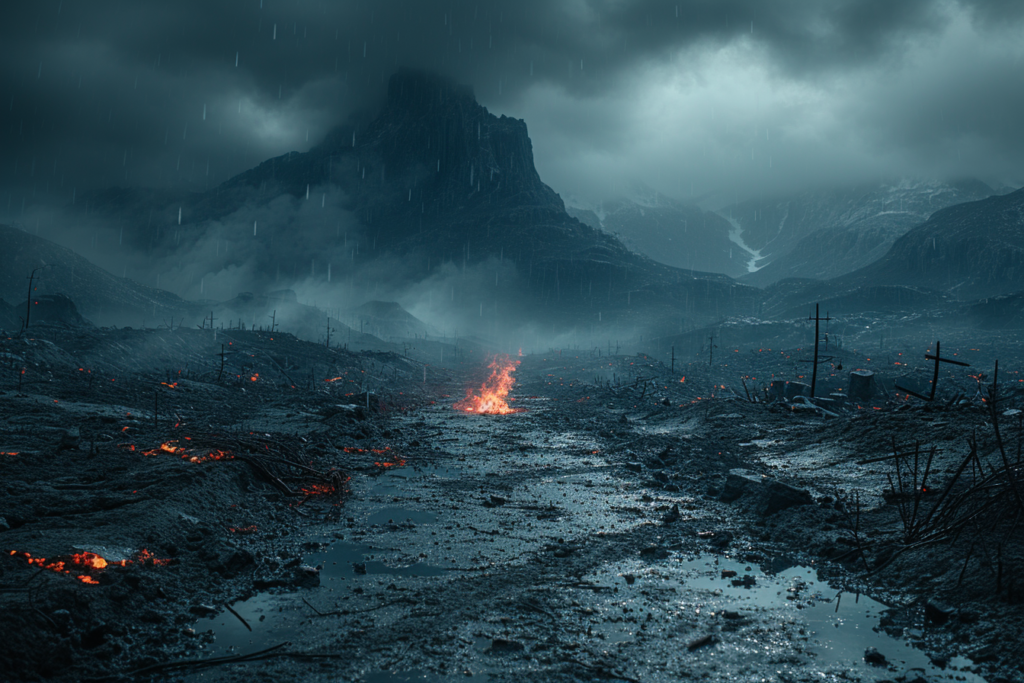 The image presents a bleak, post-apocalyptic landscape. A narrow, fiery fissure cuts through the ashen ground under a stormy sky, suggesting recent volcanic or seismic activity. Bare, charred remains of trees punctuate the desolate terrain, and the surrounding mountains loom darkly, partially shrouded in mist. Rain falls heavily, creating a feeling of cold desolation and suggesting that any warmth from the fissure is superficial against the overall chilling environment. This scene could symbolize the aftermath of a catastrophic event, underscoring the fragility of human existence in the face of nature's overwhelming power. It evokes a sense of solitude and the daunting task of survival in an altered, hostile world.