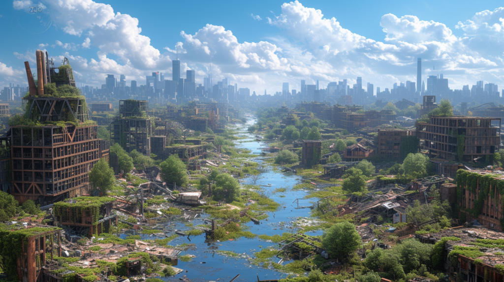 The uploaded image presents a compelling and detailed depiction of a post-apocalyptic landscape. It's a striking visual juxtaposition of the triumph of nature over urban decay. We see a river cutting through what was once a bustling metropolis. The skeletal frames of abandoned buildings are now overgrown with vegetation, hinting at a significant passage of time since whatever catastrophe befell this place. In the distance, a less affected cityscape under a clear blue sky suggests that this return to nature is localized or that there is a gradient of recovery or abandonment. This image could serve as an evocative representation of nature’s resilience, the potential aftermath of environmental neglect, or a speculative look at the future of our urban environments if left to the elements. It captures the quiet after the storm, a world waiting to be reborn or rediscovered.