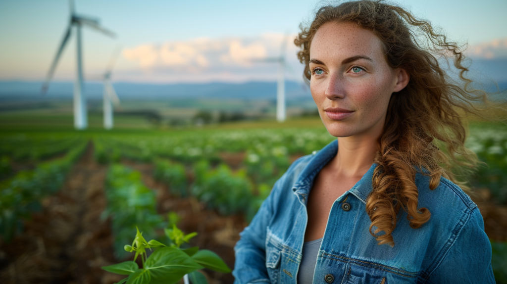 The image presents a hopeful vision of the global response to climate change, showcasing a harmonious blend of humanity and renewable energy. The central figure, a woman with a contemplative gaze, stands before a backdrop of wind turbines that rise like modern monoliths against the sky. Her denim jacket suggests a down-to-earth practicality, a common bond with the green fields that stretch out around her, symbolizing sustainable agriculture. The wind turbines signify a commitment to innovation and clean energy, elements crucial in the fight against climate change. This poignant composition captures a moment of reflection on the progress made and the journey ahead. It's a visual narrative that underscores the importance of each individual's role in the collective effort to preserve our planet for future generations. The natural light bathes the scene in a warm glow, further highlighting the optimism and potential of a future where human ingenuity and respect for the environment coexist in balance.