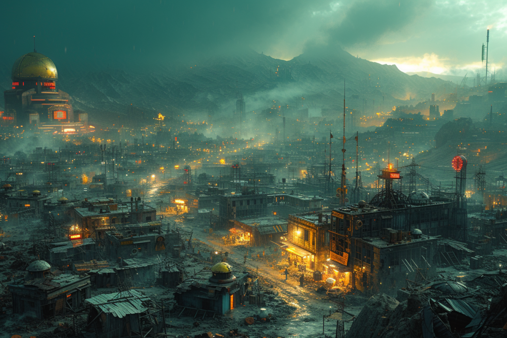 The image depicts a sprawling, densely populated cityscape set against a backdrop of a mountain range. The scene is illuminated by a multitude of lights, giving the city a vibrant, if somewhat chaotic, appearance. The architecture suggests a mix of makeshift structures and more permanent buildings, possibly indicating a society that has had to adapt and rebuild amongst the ruins of a previous civilization. Prominent in the skyline is a large dome, glowing with internal light and adorned with electronic displays, which could be a center of governance or power. The weather is rainy and foggy, adding to the atmosphere of a world struggling with environmental conditions, possibly post-apocalyptic. This setting suggests a complex society that has emerged from or is currently enduring significant turmoil, where the order is maintained through a mixture of technology, tradition, and possibly strict governance.