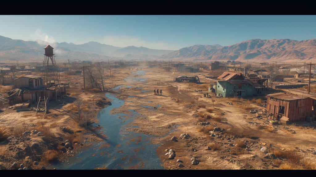 This image paints a vivid picture of a post-apocalyptic future where water scarcity has dramatically transformed the landscape. A dry riverbed meanders through a barren settlement, dotted with dilapidated structures and remnants of a once-thriving community. The water tower stands as a symbol of hope or despair, depending on whether it still holds precious water. The distant figures add a human element to the scene, perhaps searching for resources or on a journey to a new refuge. The mountains in the background offer a stark contrast to the desolation in the foreground, reminding us of the resilience of nature amidst human adversity.