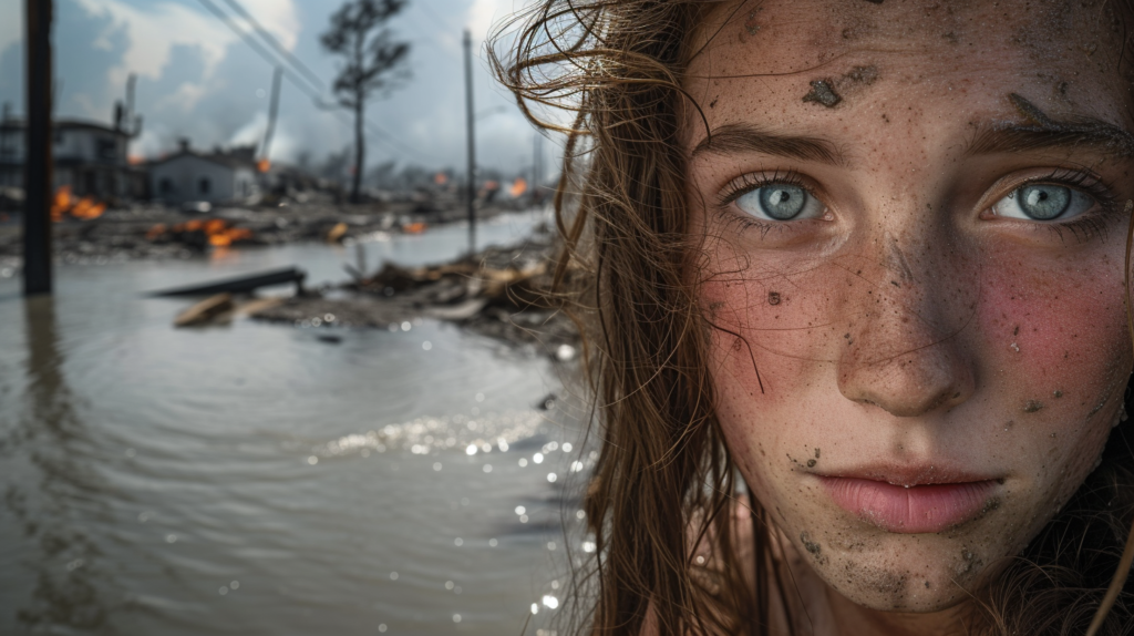 The image features a close-up of a young girl's face, her expression a mixture of resilience and distress. Her skin is smeared with dirt and ash, indicative of recent exposure to a calamitous event. In the blurred background, we see what appears to be the aftermath of an environmental disaster, with structures in ruins and fires still burning. The water that partially submerges the environment suggests flooding, perhaps from a severe storm or rising water levels. The girl's vivid blue eyes are striking, conveying a sense of hope or searching amidst the chaos. Her gaze is fixed on something beyond the viewer, possibly envisioning a future beyond the current destruction or looking for help. This powerful image captures the vulnerability and enduring spirit of humanity when faced with the catastrophic consequences of environmental upheaval.