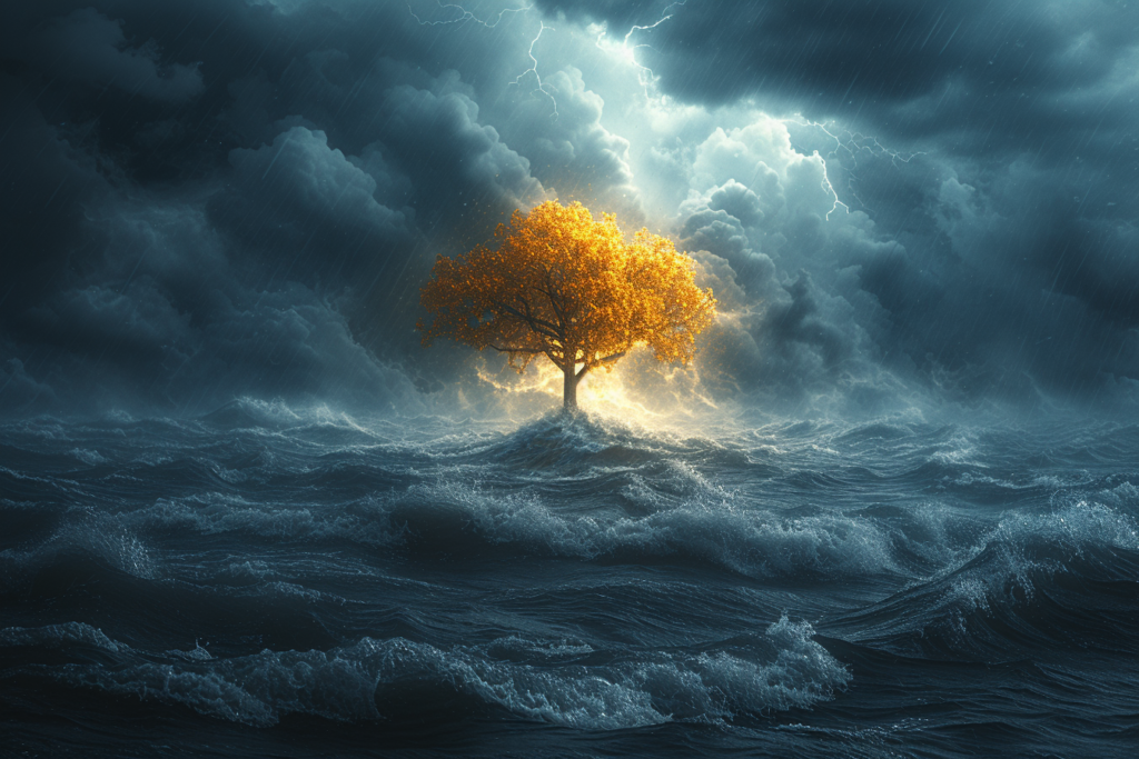 The image portrays a vibrant, golden-leaved tree standing resiliently amidst tumultuous dark blue ocean waves under a stormy sky pierced with lightning. It's a striking visual metaphor for endurance and hope in the face of adversity. The tree’s light contrasts with the surrounding darkness of the storm, suggesting a beacon of stability and life against the chaos. This could symbolize the human spirit's ability to withstand trials, the importance of finding inner strength in difficult times, or the idea of hope existing even in the most challenging conditions. The scene encapsulates themes of survival, resilience, and the solitary pursuit of perseverance when everything else seems overwhelmed by the storm of life's trials.