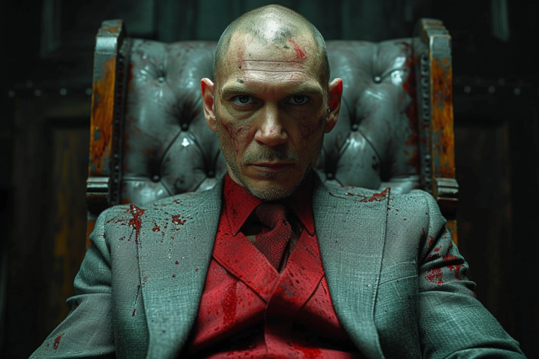 The image is a striking portrait of a man who appears to be in a position of power, possibly within a post-apocalyptic or dystopian setting. He is seated in an ornate, leather chair that suggests authority. His attire, a well-tailored suit with a red tie, is stained with specks of blood, hinting at violence. His head is bald, and his intense gaze is both direct and unsettling. Facial abrasions and blood suggest he has been involved in a conflict or struggle, yet his composure is maintained. This combination of bloodstains and a calm demeanor might imply a story where survival requires both leadership and the willingness to engage in combat or make difficult decisions that could result in violence. His expression is one of calculated contemplation, possibly contemplating his next move in a world where the rules have changed and traditional structures of power have been upended.
