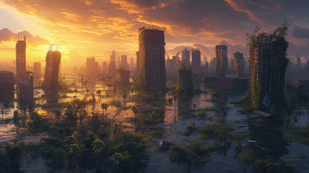The image presents a hauntingly beautiful post-apocalyptic cityscape, with nature reclaiming the urban environment. Floodwaters engulf the lower levels of the skyscrapers, which are overgrown with vegetation, suggesting a significant passage of time since a climate change event. The golden sunrise casts a hopeful glow over the scene, implying a new beginning or the enduring resilience of nature. The dramatic sky, with its mix of clouds and light, adds a layer of depth and complexity to the image, evoking a sense of both serenity and melancholy in the face of vast change.