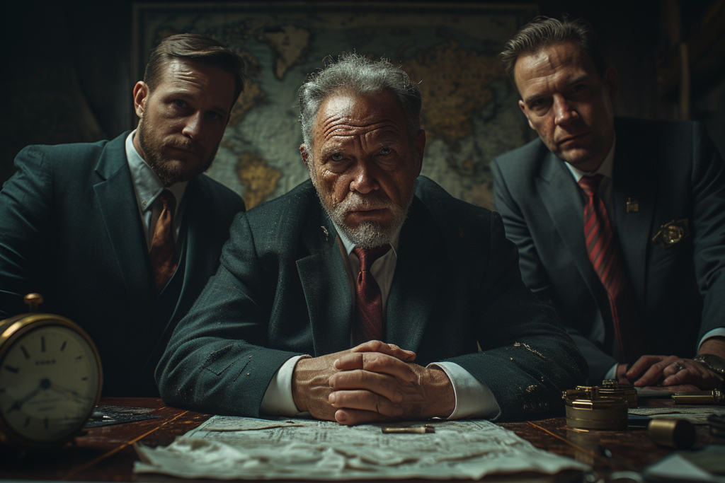 The image presents a group of three men, dressed in business attire, posed around a table that appears to be covered in strategic documents or maps, suggesting a scene of serious contemplation or decision-making. The setting has a classic, possibly vintage feel, indicated by the analog clock, aged map, and the overall dark, moody lighting. The expressions on their faces convey intensity and concern, which could imply that they are leaders or strategists dealing with a crisis or engaging in high-stakes negotiations. The atmosphere is thick with the weight of their responsibilities and the crucial nature of their discussions.