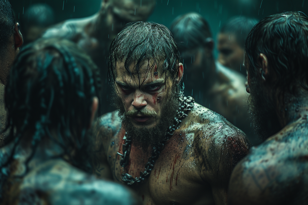 The image depicts a close-up of a man, soaked in rain and smeared with mud and blood, which may suggest he's just been through an intense physical altercation or conflict. His expression is one of grim determination or possibly exhaustion, indicative of the high stakes and harsh realities of survival in a potentially post-apocalyptic or dystopian setting. The atmosphere is tense, raw, and visceral, with an emphasis on the struggle for power or dominance in a world where the traditional structures of society have broken down. The surrounding figures, similarly drenched and appearing resolute, contribute to the scene's overall sense of urgency and unrest.