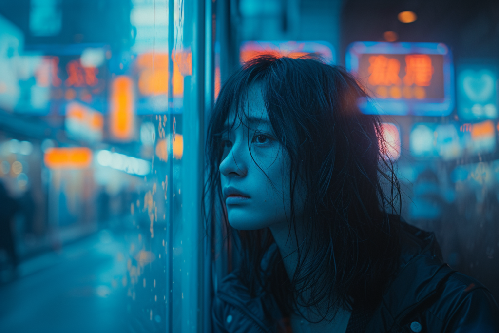 The image you've uploaded is rich with emotion and atmosphere. It features a close-up of a person peering out, possibly through a rain-streaked window, with a backdrop of neon-lit signage, indicative of an urban setting at night. The blue tone of the image adds to a somber or reflective mood, and the raindrops suggest a sense of melancholy or introspection. The person's expression is contemplative and somewhat forlorn, suggesting a moment of personal reflection or a sense of being overwhelmed, which resonates with the universal human experiences of loneliness or the search for meaning in a bustling world. The contrast between the vibrant city life and the individual's introspective state could symbolize the isolation one might feel even in the most crowded of places.