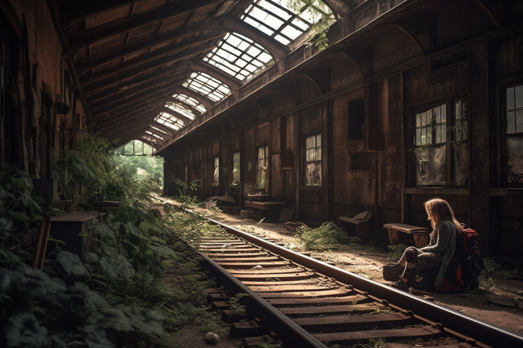 The image depicts an evocative scene that captures the essence of Emily St. John Mandel's "Station Eleven." A young person sits on a deserted railway track that runs through a dilapidated train station, overtaken by nature. The station's windows are broken, and vegetation grows wild, indicating that it has been some time since any train passed this way. The light filtering through the roof suggests a world where nature is reclaiming what was once a hub of human activity. This poignant scene could be used to discuss themes of solitude, the passage of time, and the resilience of nature in the face of human absence, which are all prevalent in Mandel's novel. It's a powerful visual metaphor for the book's exploration of survival, memory, and the enduring nature of art and humanity.
