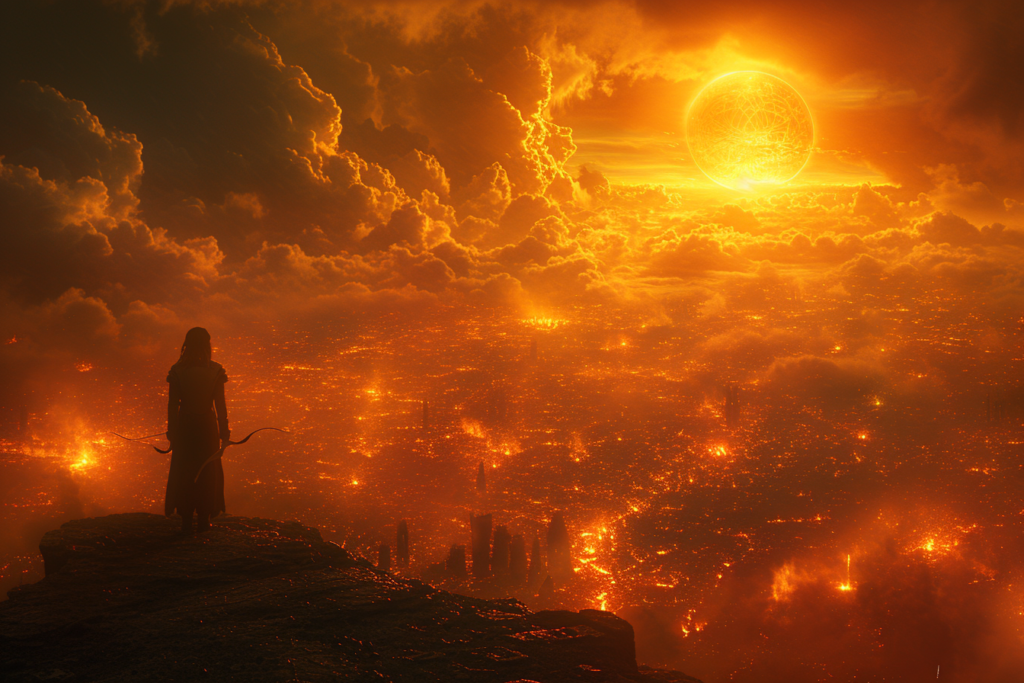 The image is a dramatic and vivid portrayal of a dystopian scene. A lone figure stands overlooking a vast landscape engulfed in flames and smoldering ruins, under a sky dominated by an immense, glowing orb that gives an impression of an otherworldly event or cataclysm. The clouds are illuminated from below by the widespread fires, suggesting widespread destruction over an urban area. The presence of the figure, holding what appears to be a bow, adds a human element to the scene, implying a story of survival, resistance, or perhaps a final stand against the overwhelming force of the depicted calamity. The overall mood is one of awe and impending doom, with the character possibly reflecting on the events that led to this moment or contemplating the uncertain future.
