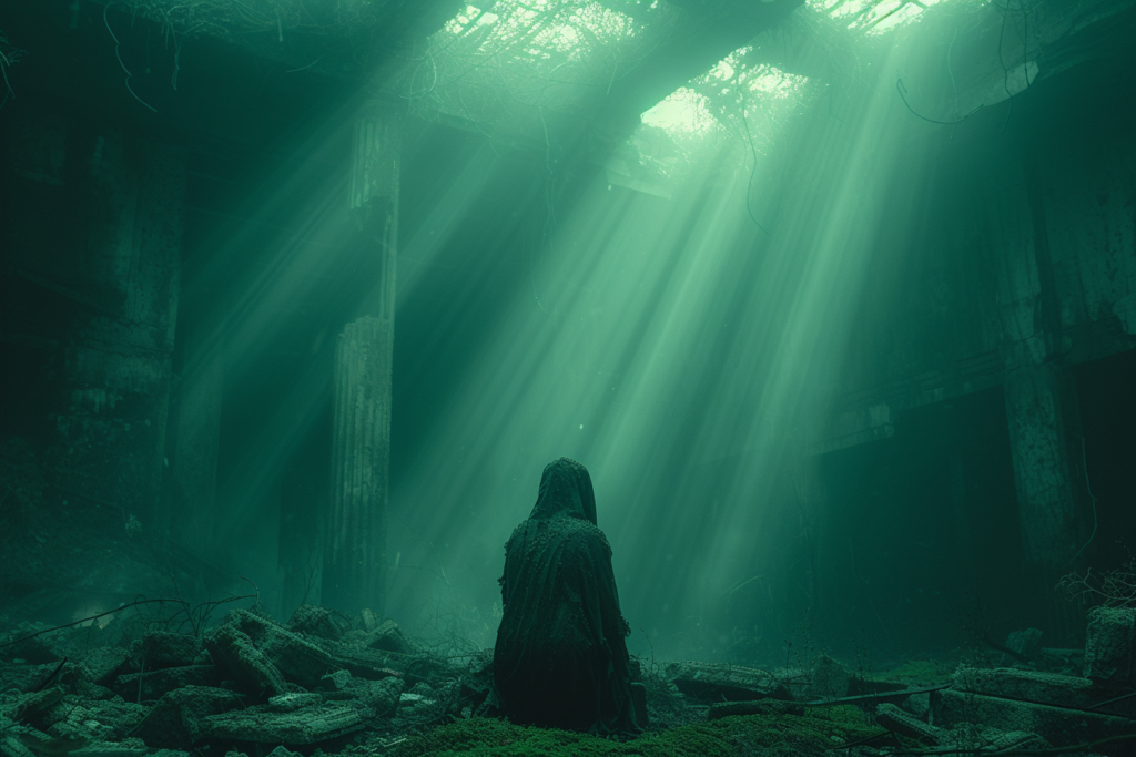 The image captures a solitary figure seated amidst the ruins of what appears to be a dilapidated structure, with beams of light filtering through the foliage overhead. The greenish-blue hue of the scene sets a moody and otherworldly atmosphere. It suggests a quiet moment of reflection or resignation in a post-apocalyptic setting. The contrast between the destruction and the penetrating light might symbolize hope amidst despair or a calm acceptance of a changed world. It’s a powerful depiction of finding peace or solace in the face of overwhelming change or destruction.