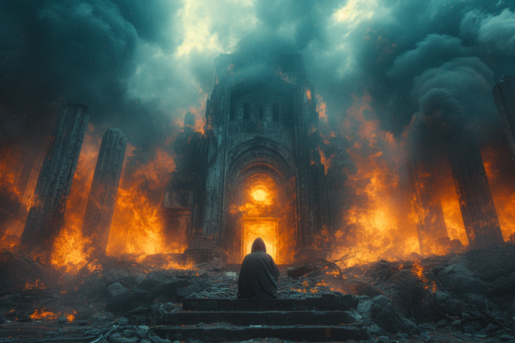 This image depicts a lone figure sitting before a grand, cathedral-like structure amidst a scene of destruction and fiery chaos. The contrast between the solitary calmness of the figure and the surrounding inferno creates a powerful visual metaphor that might represent themes of finding peace within turmoil, the resilience of faith amid catastrophe, or the stark beauty found in moments of destruction. The apocalyptic setting with a focus on the central character facing an overwhelming situation might suggest a narrative of contemplation, acceptance, or defiance against the inevitable forces of change or destruction. The image could also symbolize the idea of facing one's fears or standing against overwhelming odds.