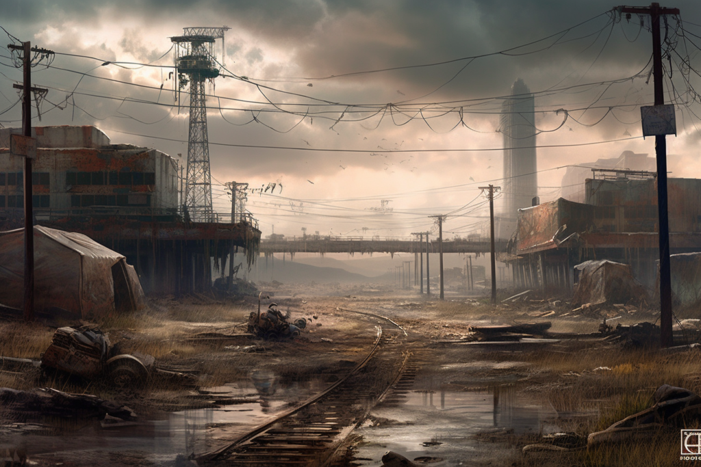 The image presents a desolate landscape that could serve as a visual representation of Stephen King's "The Stand." In the foreground, abandoned and dilapidated structures are scattered alongside a disused railway track. A watchtower stands tall in the middle distance, hinting at a past need for surveillance or protection. Overhead lines are tangled and hang low, no longer serving their purpose. The scene is shrouded in a murky haze, with a dense cloud of smoke rising in the background, suggesting recent destruction or ongoing decay. This setting echoes the post-apocalyptic world depicted in King's novel, where a pandemic has wiped out most of humanity, leaving behind a world in ruins and a battle between good and evil. The moody atmosphere and the sense of abandonment are fitting for the novel's themes of desolation, survival, and the human spirit's resilience.