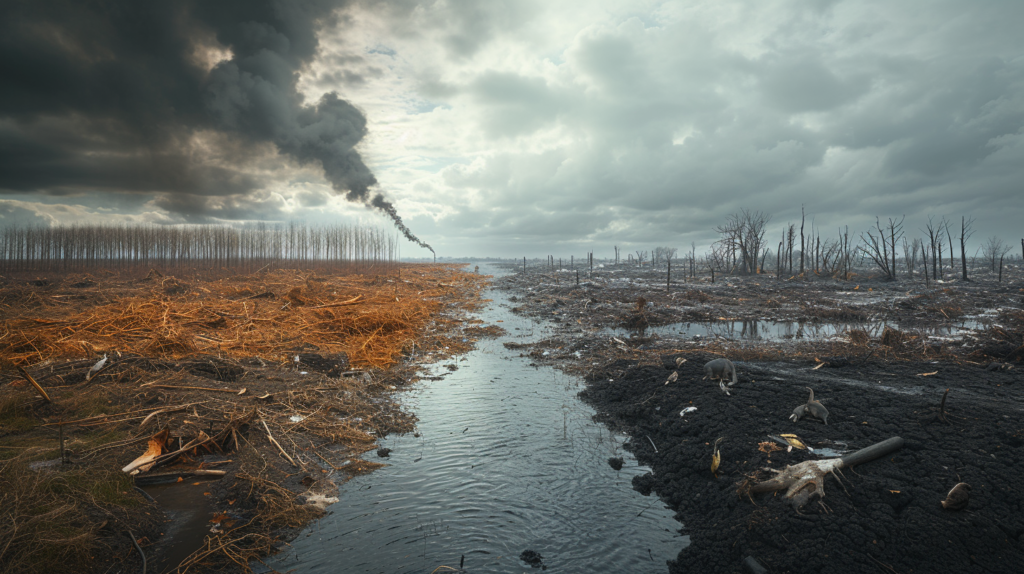 This haunting image portrays a stark and somber landscape, a visual narrative that oscillates between a warning and a lament for the environment. The foreground is dominated by the charred remains of what once might have been a vibrant ecosystem, now reduced to a wasteland. A stream, possibly contaminated, meanders through the destruction, leading our gaze to the horizon where industrial smokestacks billow pollution against the contrasting beauty of a cloudy sky. This juxtaposition evokes a powerful sense of loss and a dire warning about industrial impacts on nature. Yet, the light breaking through the clouds may also offer a glimmer of hope, suggesting that even amidst devastation, there is a possibility for change and renewal. This image could serve as a poignant reminder of the delicate balance between human activity and the natural world, urging reflection and respect for the planet's finite resources.