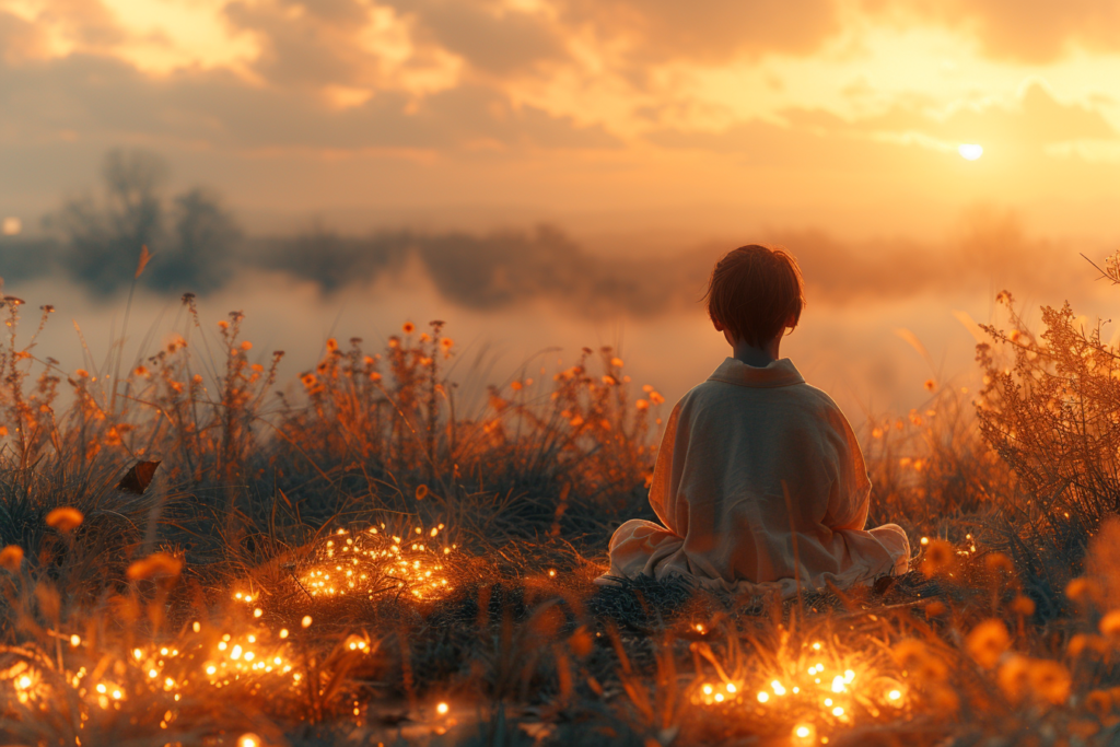 The image shows a tranquil scene where a person sits in a serene natural environment, gazing towards a misty horizon with the sunrise or sunset bathing the landscape in a warm, golden light. The presence of glowing lights amidst the grasses could suggest a form of bioluminescence or perhaps symbolic representations of hope, warmth, or wonder in the midst of nature's calm. This setting provides a sense of peace and solitude, conveying a moment of reflection or meditation. The composition and lighting of the image create an atmosphere of introspection and tranquility, possibly offering a visual metaphor for finding inner peace or comfort in a world that can often be overwhelming. It's a visual narrative of personal space where one can retreat to find moments of quietude and self-connection.