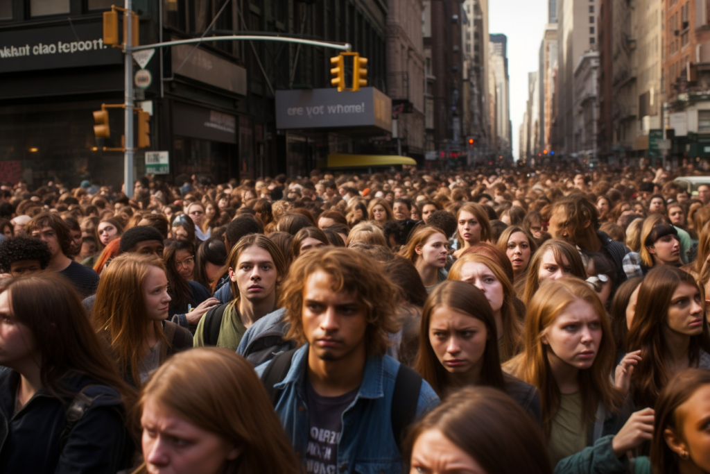 The image depicts a large crowd of people with a mix of expressions, from confusion and concern to blank stares, filling a city street from sidewalk to sidewalk. The dense congregation of individuals suggests a scenario of urgency or desperation, where personal space is compromised. Such a scene is evocative of the intense and chaotic human migrations depicted in Max Brooks' "World War Z," where societal structures are strained by the pressures of a global crisis. The focus on individual faces within the mass of humanity highlights the personal impact of global events on each person, a theme central to Brooks' narrative, which delves into individual stories within the larger context of a zombie apocalypse. The image captures a moment frozen in time, a snapshot of humanity on the brink, which aligns with the novel's exploration of civilization's fragility in the face of widespread catastrophe.
