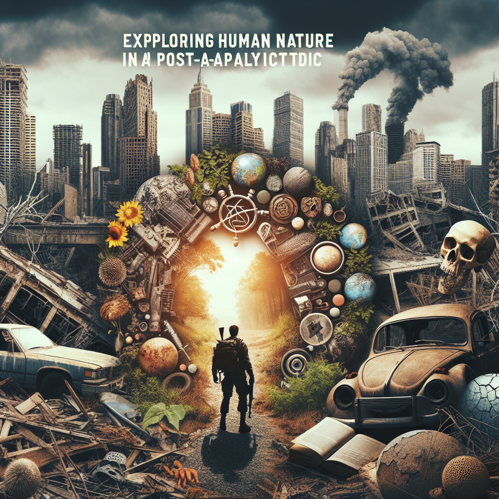 Alternative text for the image: "A creative digital collage depicting a post-apocalyptic scene. A lone figure in silhouette stands facing a brightly lit path that leads through a circular frame made of various symbolic elements, including urban ruins, nature, and mixed objects like books and a skull. The broader frame includes a devastated cityscape with smoking skyscrapers, surrounded by elements like sunflowers, automobiles, globes, and mechanical gears, representing a blend of decay and remnants of civilization."